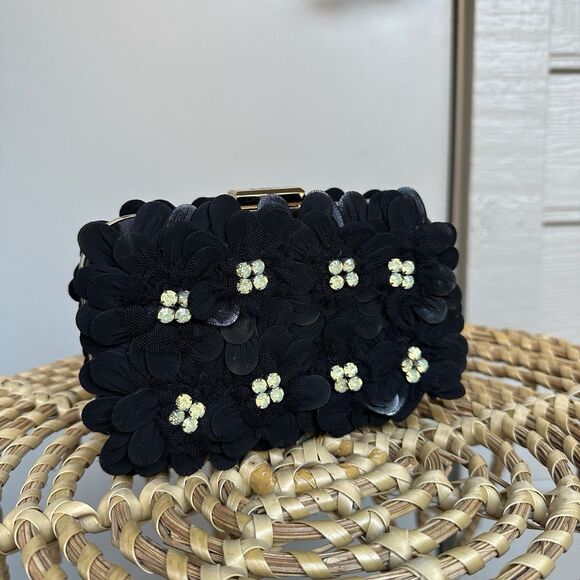 Anne Fontaine Handcrafted Beaded Floral Evening Bag  Clutch Floral Black Gold - Picture 1 of 11